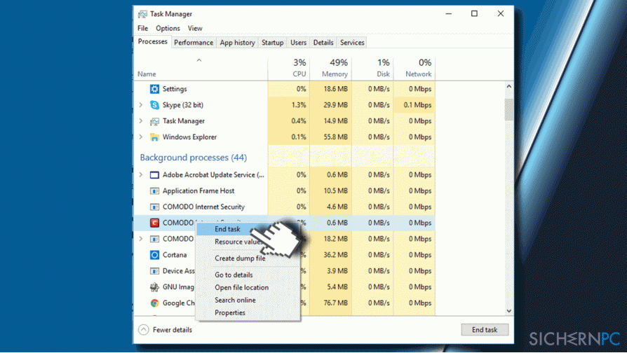 Disable third-party antivirus via Task Manager