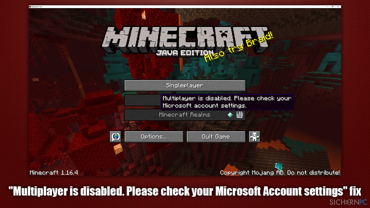 How to fix Minecraft error „Multiplayer is disabled. Please check your Microsoft Account settings“?