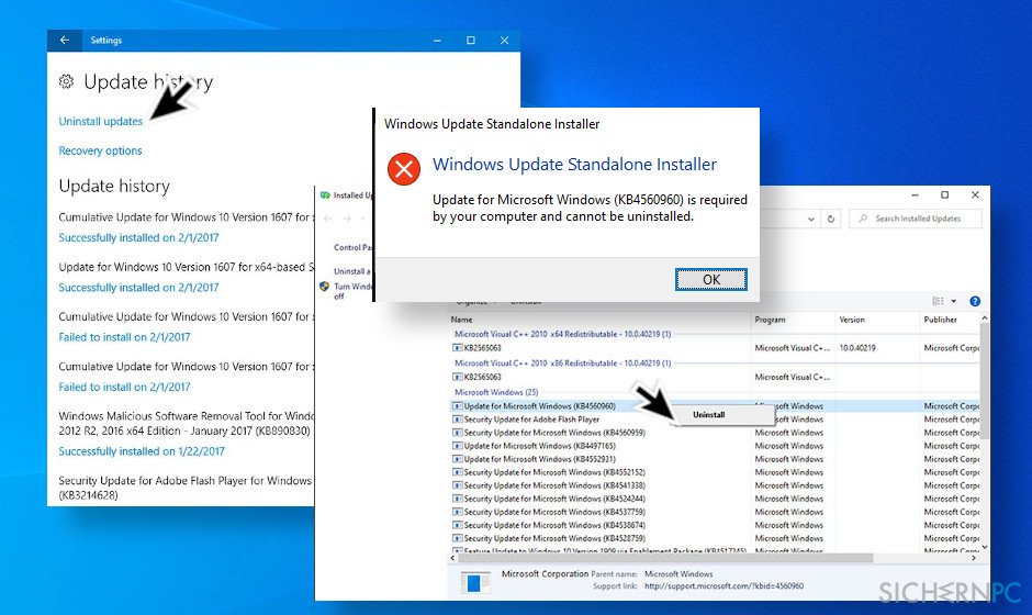 Windows 10 update uninstall error